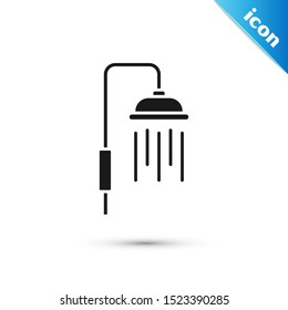 Black Shower head with water drops flowing icon isolated on white background.  Vector Illustration