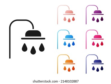 Black Shower head with water drops flowing icon isolated on white background. Set icons colorful. Vector Illustration