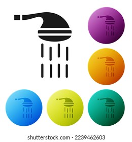 Black Shower head with water drops flowing icon isolated on white background. Set icons in color circle buttons. Vector