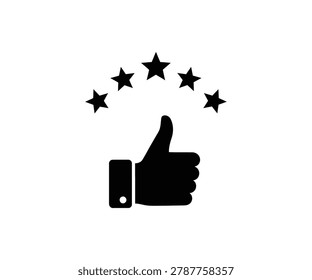 A black showing a hand giving a thumbs up gesture with five stars arranged in an arc above it on a clean white background