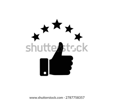 A black showing a hand giving a thumbs up gesture with five stars arranged in an arc above it on a clean white background