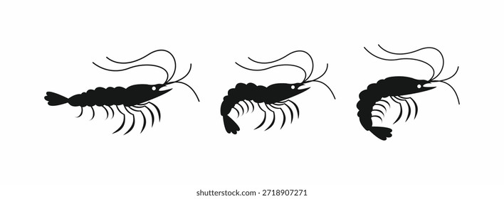 Schwarze Garnelen Silhouette Vektorsatz einzeln auf weißem Hintergrund, Garnelen-Symbole für Meeresfrüchte Restaurant Logo