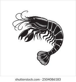 A black shrimp watercolor illustration on a white background.