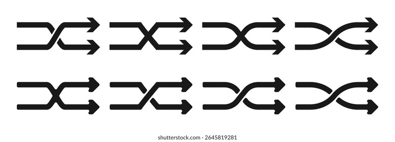 Black shuffle crossed arrows flat design icon, simple 2 way mixed arrows, interface concept elements app ui ux web button logo, modern graphic glyphs flat design vector isolated on white background