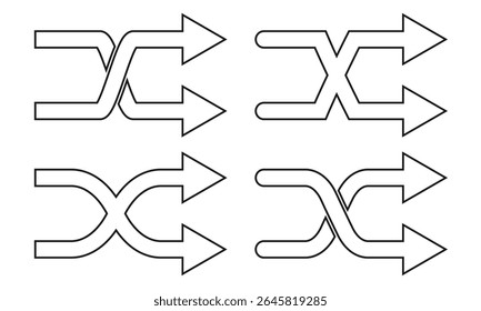 Preto shuffle cruzado setas ícone de design plano, 2 setas simples mistas, elementos de conceito de interface aplicativo ui ux logotipo botão web, glifos gráficos modernos vetor de design plano isolado no fundo branco