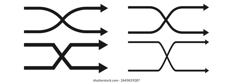 Black shuffle crossed arrows flat design icon, simple 2 way mixed arrows, interface concept elements app ui ux web button logo, modern graphic glyphs flat design vector isolated on white background