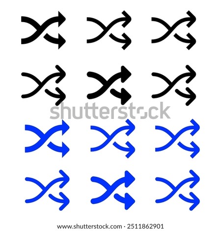 Black shuffle crossed arrows flat design icon, simple 2 way mixed arrows, interface concept elements app ui ux web button logo, modern graphic glyphs flat design vector isolated on white background
