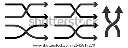 Black shuffle crossed arrows flat design icon, simple 2 way mixed arrows, interface concept elements app ui ux web button logo, modern graphic glyphs flat design vector isolated on white background