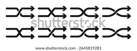 Black shuffle crossed arrows flat design icon, simple 2 way mixed arrows, interface concept elements app ui ux web button logo, modern graphic glyphs flat design vector isolated on white background
