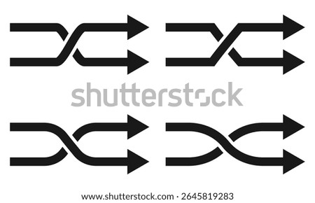 Black shuffle crossed arrows flat design icon, simple 2 way mixed arrows, interface concept elements app ui ux web button logo, modern graphic glyphs flat design vector isolated on white background