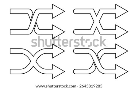 Black shuffle crossed arrows flat design icon, simple 2 way mixed arrows, interface concept elements app ui ux web button logo, modern graphic glyphs flat design vector isolated on white background
