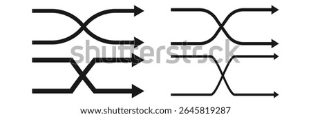 Black shuffle crossed arrows flat design icon, simple 2 way mixed arrows, interface concept elements app ui ux web button logo, modern graphic glyphs flat design vector isolated on white background