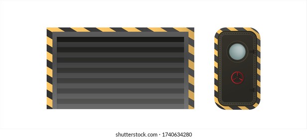 Black shutter door for warehouse. Hopper door. Door for a military bomb shelter. Element for the design of warehouses, bins and garages. Isolated. Vector.
