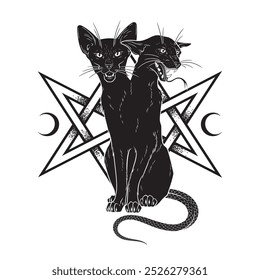 Black siamese cat monster with two heads isolated. Witch familiar spirit, halloween or pagan witchcraft theme print design vector illustration