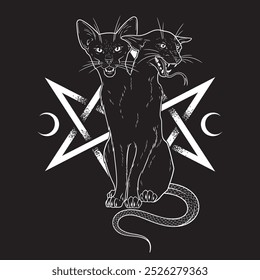 Black siamese cat monster with two heads isolated. Witch familiar spirit, halloween or pagan witchcraft theme print design vector illustration