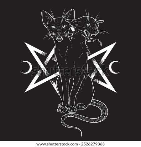 Black siamese cat monster with two heads isolated. Witch familiar spirit, halloween or pagan witchcraft theme print design vector illustration