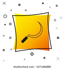 Black Sickle icon isolated on white background. Reaping hook sign. Yellow square button. Vector Illustration