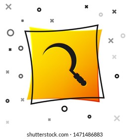 Black Sickle icon isolated on white background. Reaping hook sign. Yellow square button. Vector Illustration