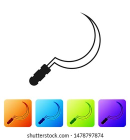 Black Sickle icon isolated on white background. Reaping hook sign. Set icon in color square buttons. Vector Illustration