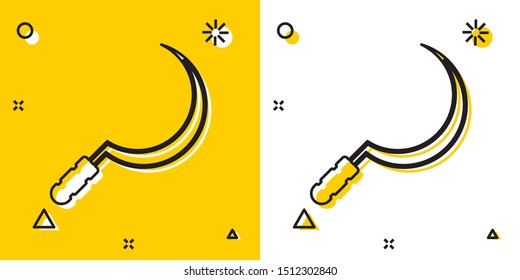 Black Sickle icon isolated on yellow and white background. Reaping hook sign. Random dynamic shapes. Vector Illustration