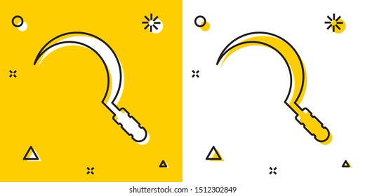 Black Sickle icon isolated on yellow and white background. Reaping hook sign. Random dynamic shapes. Vector Illustration