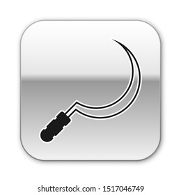 Black Sickle icon isolated on white background. Reaping hook sign. Silver square button. Vector Illustration