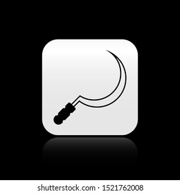 Black Sickle icon isolated on black background. Reaping hook sign. Silver square button. Vector Illustration