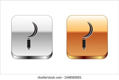 Black Sickle icon isolated on white background. Reaping hook sign. Silver-gold square button. Vector Illustration