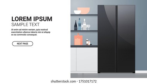 black side by side refrigerator in modern kitchen interior home appliance concept horizontal copy space vector illustration