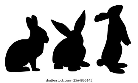 Black side silhouette of three rabbits in various poses. Easter bunny isolated on white background.