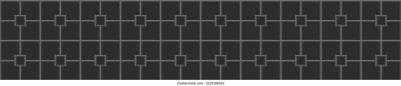 Black sidewalk square tile background. Stone or ceramic brick wall texture. Kitchen backsplash surface. Shower, bathroom or toilet floor decoration. Mosaic seamless pattern. Vector flat illustration