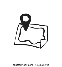 Black sign icon map and pin on white background. rough sketch style logo