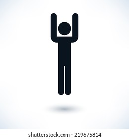 Black sign man with arms raised. Simple information symbol with gray drop shadow isolated on white background in flat style. Graphic design elements save in vector illustration 8 eps