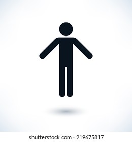Black sign man held his arms out to the sides. Simple information symbol with gray drop shadow isolated on white background in flat style. Graphic design elements save in vector illustration 8 eps