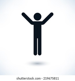 Black sign man raised his hands. Simple information symbol with gray drop shadow isolated on white background in flat style. Graphic design elements save in vector illustration 8 eps