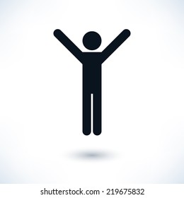 Black sign man raised his hands. Simple information symbol with gray drop shadow isolated on white background in flat style. Graphic design elements save in vector illustration 8 eps