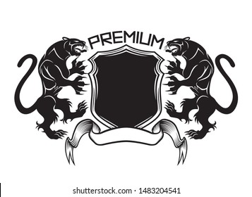 Black sign with panthers and shield on a white background.