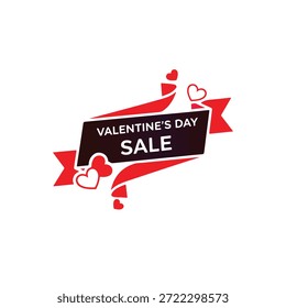 Um sinal preto com texto branco lendo 'VALENTINE'S DAY SALE' cercado por corações vermelhos e fitas em um fundo branco, criando um visual festivo e promocional