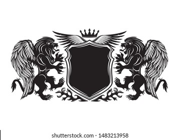 Black sign with winged lions and a shield on a white background.