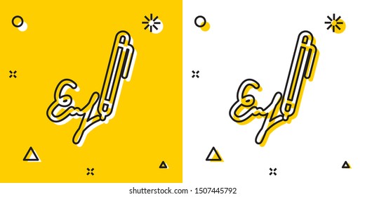 Black Signature line icon isolated on yellow and white background. Pen and undersign, underwrite, ratify symbol. Random dynamic shapes. Vector Illustration