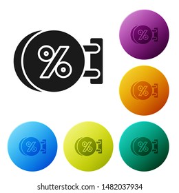 Black Signboard hanging with an inscription discount percent icon isolated on white background. Suitable for bar, cafe, pub, restaurant. Set icons colorful circle buttons. Vector Illustration