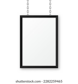 Black signboard hanging on a metal chain. Restaurant menu board. Modern poster mockup. Blank photo or picture frame. Advertising or presentation board. Street banner. Vector illustration