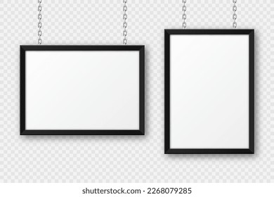 Black signboards hanging on a metal chain. Restaurant menu board. Modern poster mockup. Blank photo or picture frame. Advertising or presentation boards. Street banner. Vector illustration