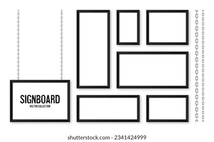 Schwarze Schilder, die an einer Metallkette hängen. Speisekarte im Restaurant. Modernes Plakat ist ein Musterbeispiel. Leerer Foto- oder Bildrahmen. Werbe- oder Präsentationsunterlagen. Straßenbanner. Vektorgrafik
