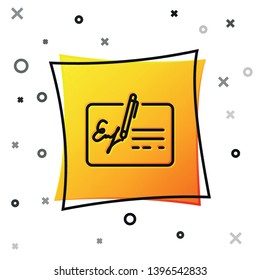Black Signed document line icon isolated on white background. Pen signing a contract with signature. Edit document sign. Yellow square button. Vector Illustration