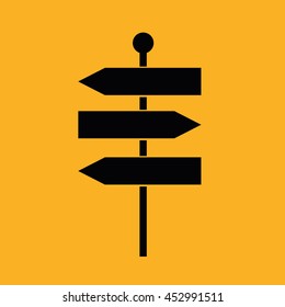 Black signpost vector icon illustration. Yellow background