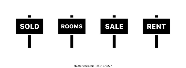 Black signs with text: sold, rooms, sale, rent - real estate concepts. Vector icon