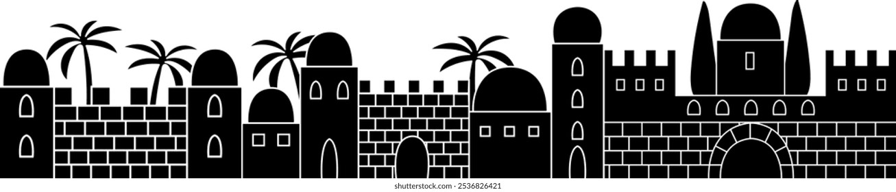 Silhueta preta da cidade histórica antiga. Fachada de arquitetura sem moldura. Ilustração de vetor infantil minimalista.   