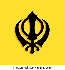 Black Sikhism religion Khanda symbol icon isolated on yellow background. Khanda Sikh symbol. Long shadow style. Vector.