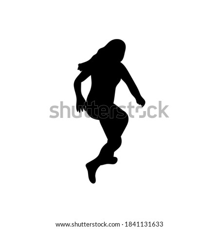 Black silhouete of the jumping or dancing young girl. Vector illustration.